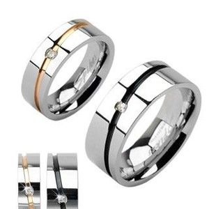 Ocelové snubní prsteny stříbrný, zlatý pruh, černý pruh se zirkonem - Velikost: 60 obraz