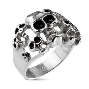 Prsten stříbrné barvy z oceli 316L - deset lebek s černou glazurou - Velikost: 59 obraz