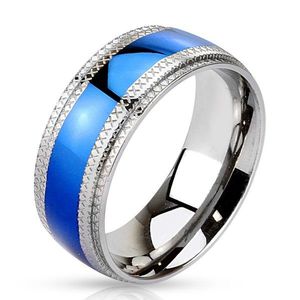 Ocelový prsten - modrý pruh uprostřed, vroubkované okraje - Velikost: 64 obraz