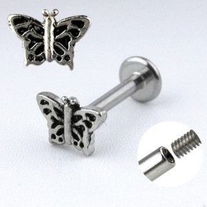 Ocelový piercing do brady - motýlek s křídly se zářezy obraz