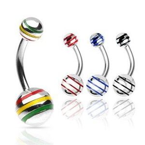 Piercing do pupíku kulička s barevnými pásky - Rozměr: 11 mm x 8 mm, Barva zirkonu: Červená - Žlutá - Zelená - JM obraz