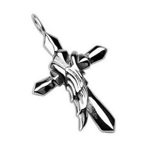 Ocelový přívěsek ve stříbrné barvě - kříž s andělským křídlem obraz
