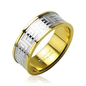 Prsten z chirurgické oceli zlaté barvy se středovým pruhem stříbrné barvy - Velikost: 49 obraz