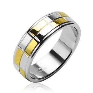Ocelový snubní prsten se zlatými a stříbrnými lesklými obdélníky - Velikost: 48 obraz