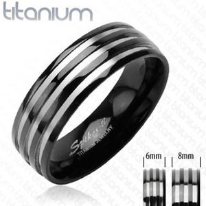 Titanový snubní prsten - se třemi stříbrnými pruhy, černý - Velikost: 49 obraz