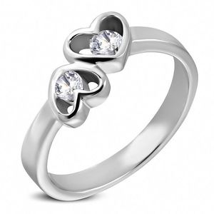 Ocelový prsten stříbrné barvy, dvě srdce s čirými zirkony - Velikost: 49 obraz