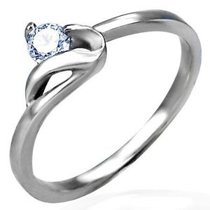 Zásnubní prsten stříbrné barvy, ocel 316L, kulatý čirý zirkon a zvlněné rameno - Velikost: 50 obraz