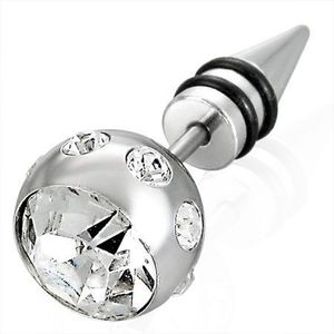 Falešný piercing ve stříbrné barvě - velká koule se zirkonem, špička se dvěma černými gumičkami obraz