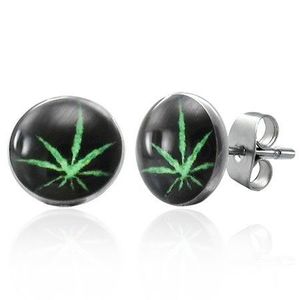 Puzetové ocelové náušnice, zelená marihuana na černém podkladu obraz
