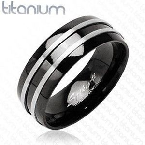 Černý prsten z titanu - dva stříbrné tenké pásy - Velikost: 49 obraz
