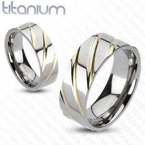 Titanový prsten - stříbrný, zlaté proužky - Velikost: 49 obraz