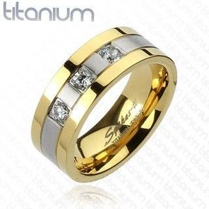 Titanový prsten - zlato-stříbrný, tři zirkony - Velikost: 59 obraz