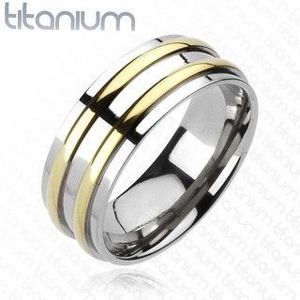 Titanový prsten - stříbrný, dva zlaté pásky - Velikost: 59 obraz