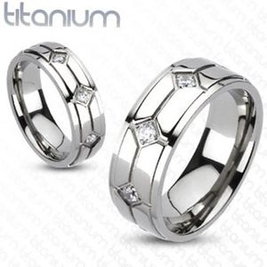 Titanový prsten - kosočtverce, vsazené zirkony - Velikost: 64 obraz
