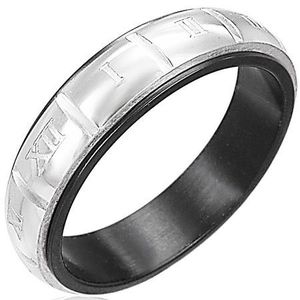 Prsten z oceli - gravírované římské číslice, stříbrná a černá barva - Velikost: 50 obraz
