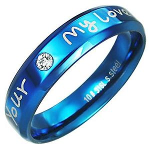 Prsten z oceli - modrá barva, zamilovaný nápis - Velikost: 57 obraz