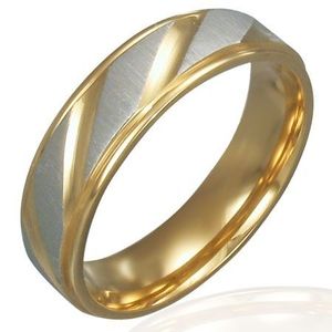 Prsten z oceli - zlato-stříbrný, diagonální rýhování - Velikost: 52 obraz