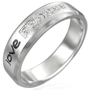Ocelový prsten - nápis "love", šest zirkonů - Velikost: 52 obraz