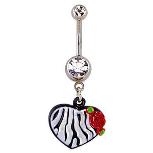 Piercing do pupíku - srdce, vzor černobílá zebra a růže obraz