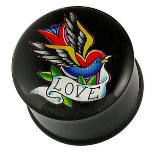 Plug do ucha - pestrobarevný ptáček, stuha a nápis LOVE - Tloušťka piercingu: 10 mm obraz