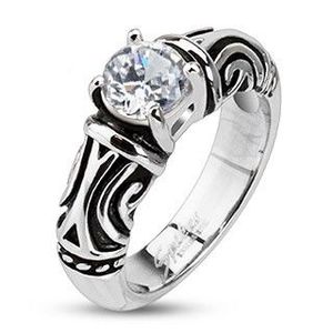 Ocelový dekorativní patinovaný prsten se zirkonem - Velikost: 49 obraz