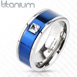 Titanový prsten s modrým pruhem a čtvercovým zirkonem - Velikost: 54 obraz