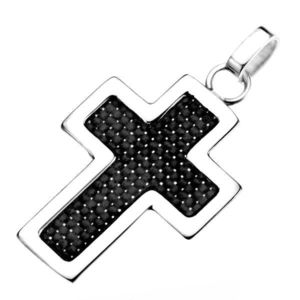 Ocelový přívěsek - stříbrný obrys kříže s černou strukturou obraz