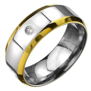 Prsten z titanu - stříbrný prsten se zlatými okraji a zirkonem - Velikost: 57 obraz