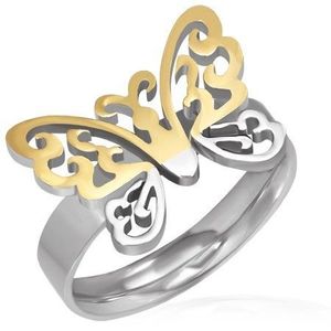 Ocelový prsten - vyřezávaný zlato-stříbrný motýl - Velikost: 52 obraz