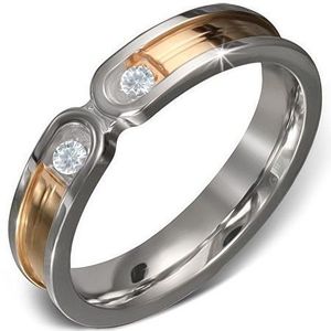 Ocelový prsten - zlatý pruh se stříbrným lemem, dva čiré zirkony - Velikost: 50 obraz
