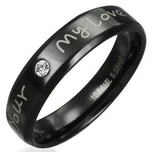 Prsten z oceli - černý s vyznáním lásky a čirým zirkonem - Velikost: 51 obraz