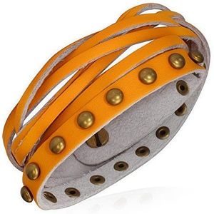 Kožený náramek - oranžové pásky, zlaté polokoule a pletenec obraz