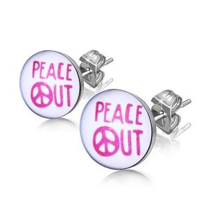 Ocelové náušnice - nápis "PEACE OUT" v kroužku obraz