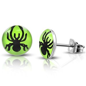 Puzetové náušnice z oceli - pavouček v zeleném kolečku obraz