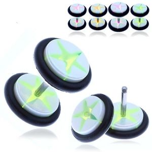 Akrylový fake plug - bílá kolečka s barevnou hvězdou - Barva piercing: Zelená obraz