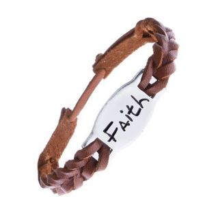 Úzký pletený náramek z kůže - karamelový, známka "FAITH" obraz