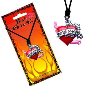 Šňůrkový náhrdelník, přívěsek srdce s květy a stuhou "You Me" obraz