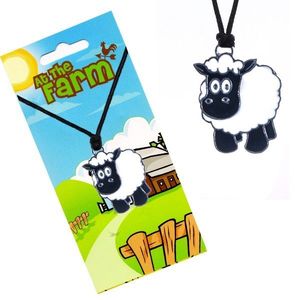 Šňůrkový náhrdelník s přívěskem, čirno-bílá ovečka obraz