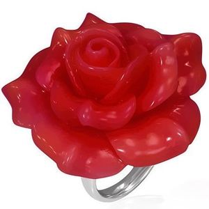 Ocelový prsten - červená rozkvetlá růže, živice - Velikost: 49 obraz