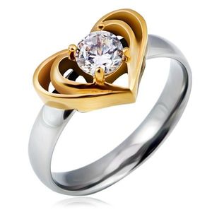 Stříbrný ocelový prsten se zlatým dvojitým srdcem, čirý zirkon - Velikost: 49 obraz