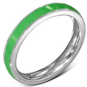 Tenký ocelový prsten - obroučka, zelený pruh, stříbrný okraj - Velikost: 51 obraz