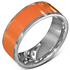 Hladký ocelový kroužek v oranžové barvě se stříbrným okrajem - Velikost: 56 obraz