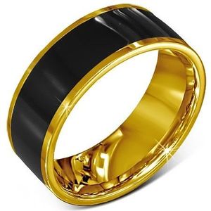 Prsten z chirurgické oceli - hladký černý kroužek, zlatý lem - Velikost: 52 obraz