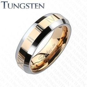 Tungstenový kroužek - zlatorůžový pás s římskými číslicemi - Velikost: 49 obraz