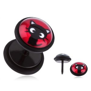 Ocelový fake plug do ucha - sedící černé koťátko, červený podklad obraz