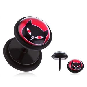 Černý fake plug do ucha s PVD úpravou - ocelový, kočka s červenýma očima obraz