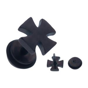 Černý ocelový fake piercing do ucha, lesklý maltézský kříž obraz