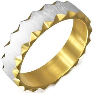 Ocelový prsten zlaté barvy se saténovým pásem, trojúhelníkové výřezy - Velikost: 51 obraz