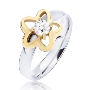 Ocelový prsten, zlatý obrys květu s čirým kulatým zirkonem - Velikost: 49 obraz
