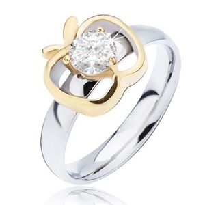 Ocelový prsten stříbrné barvy, zlatý obrys jablka s kulatým čirým zirkonem - Velikost: 50 obraz